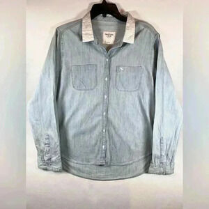 Abercrombie Fitch VTG chambray shirt top satin floral embroidered collar 90s Y2K